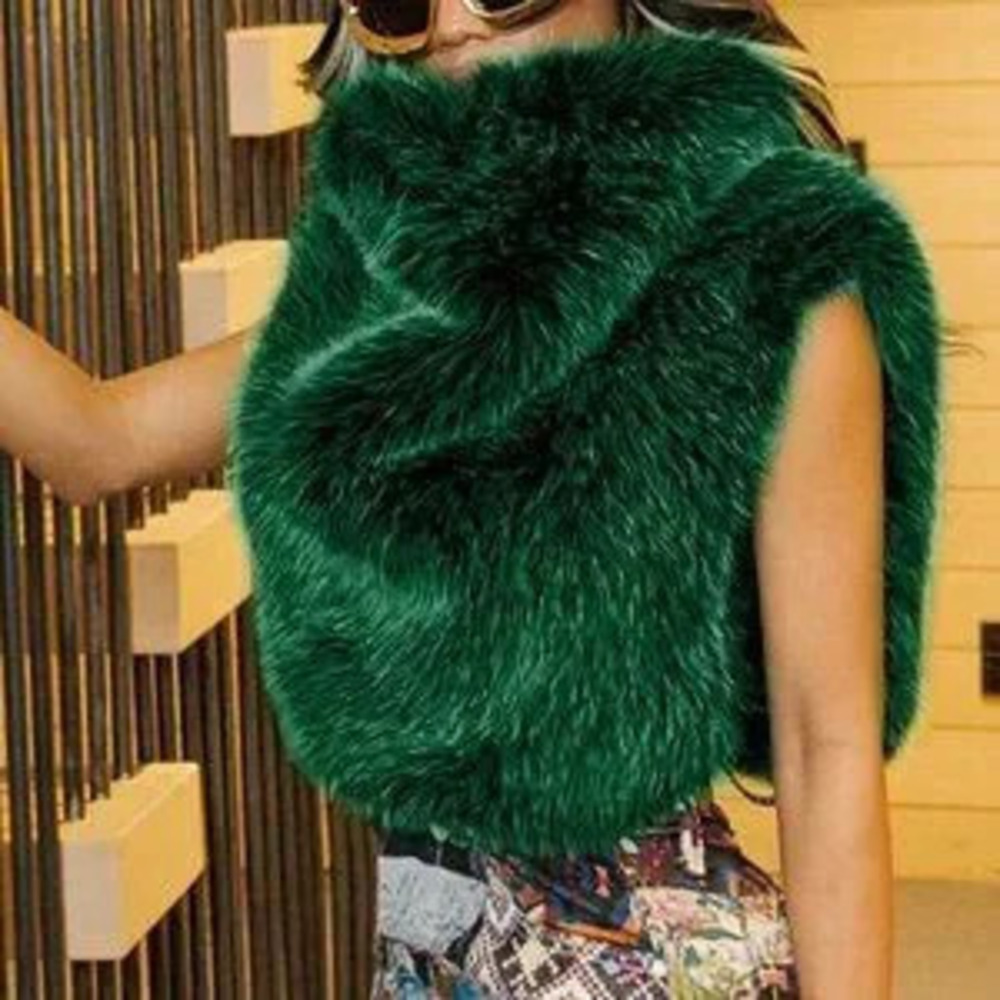 Green Casual Women's Fuzzy Flannelette High Neck Sleeveless Tank Top